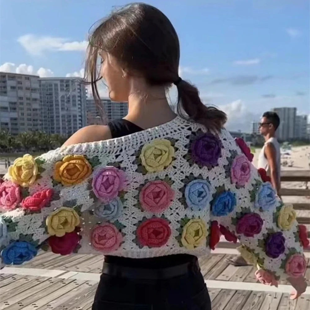 3D Rose Handmade Crochet Cardigan - Festigal