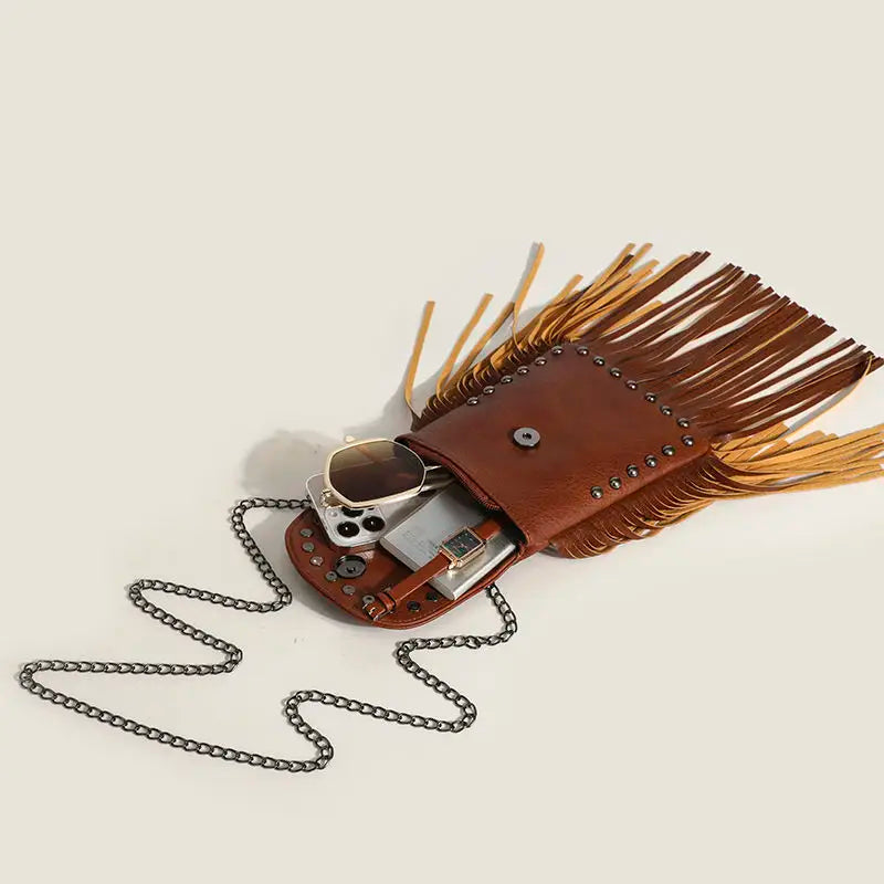 Skull Rivet Tassel Crossbody Bag - Festigal