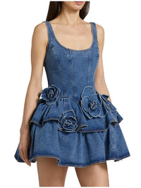 Denim 3D Flower A Line Dress - Festigal