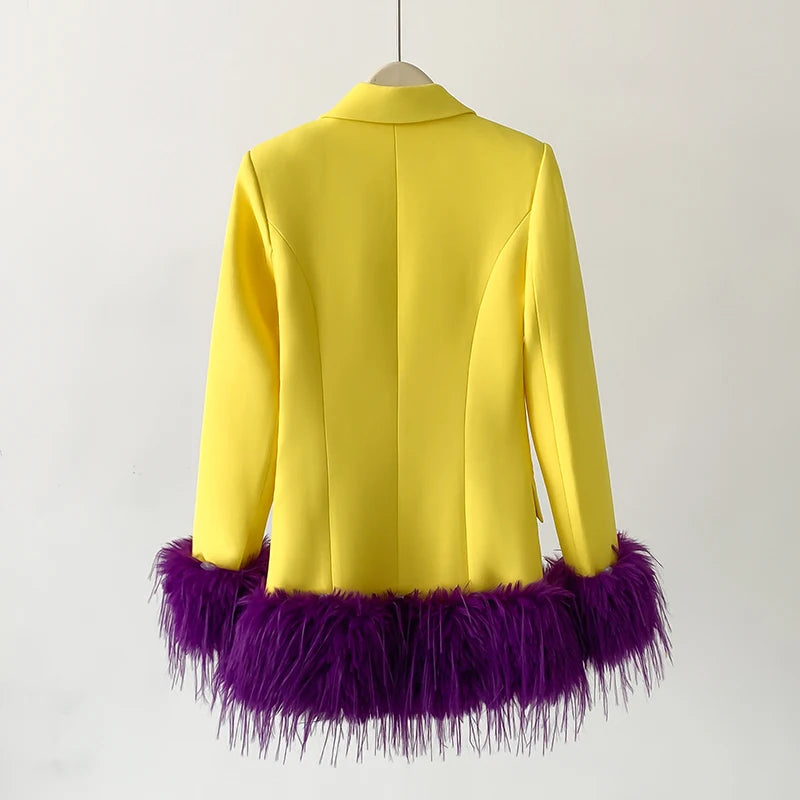 Yellow coat with purple feathered trim on a white background