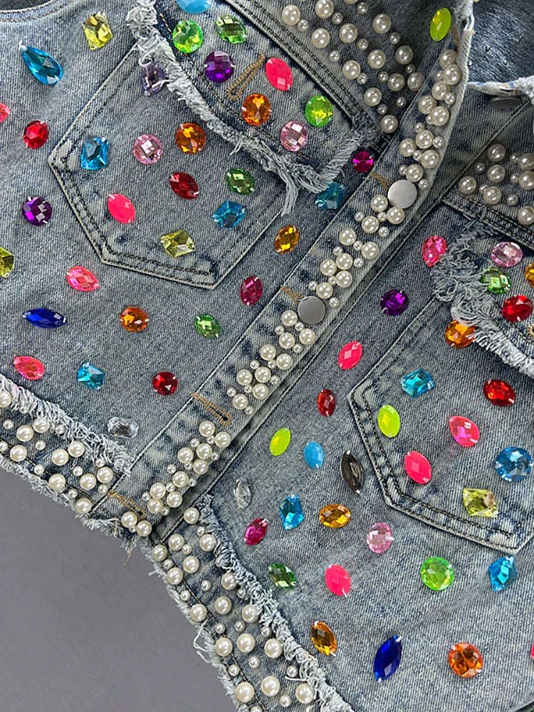 Pearl Gem Embellished Denim Jacket