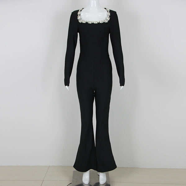 Bandage Rhinestone Collar Jumpsuit - Festigal