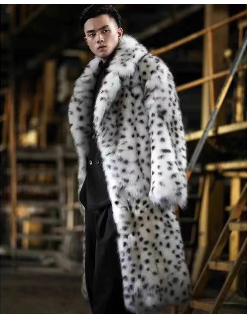 Mens Snow Leopard Faux Fur Coat