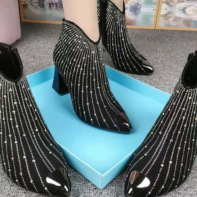 Black Rhinestone Ankle Boots - Festigal