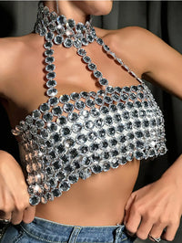 Rhinestone Halter Neck Crop Top - Festigal