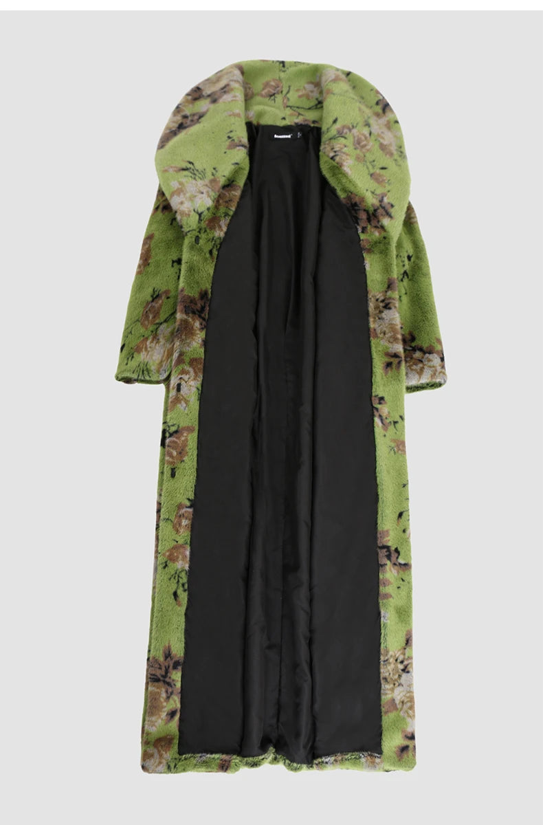Green Floral Longline Faux Fur Coat
