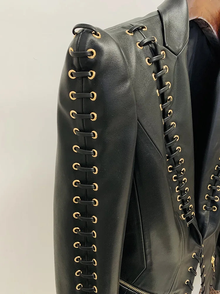 Lace Up Faux Leather Blazer