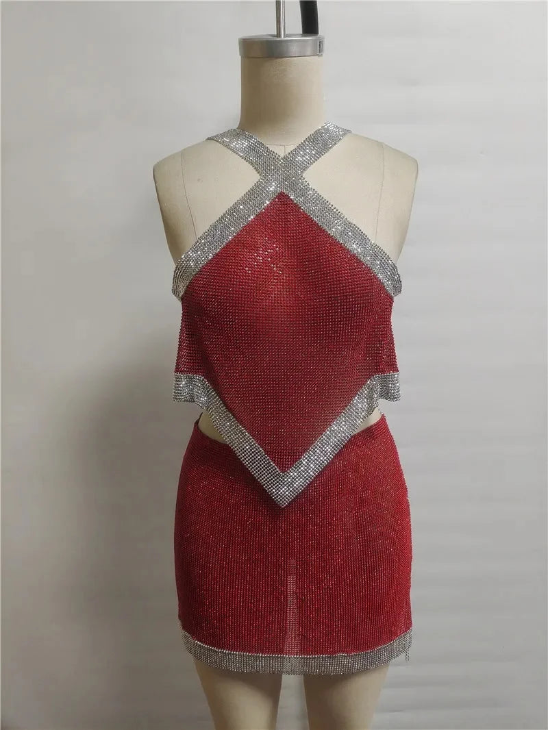 Metallic Sequin Asymmetrical Top & Skirt Set - Festigal