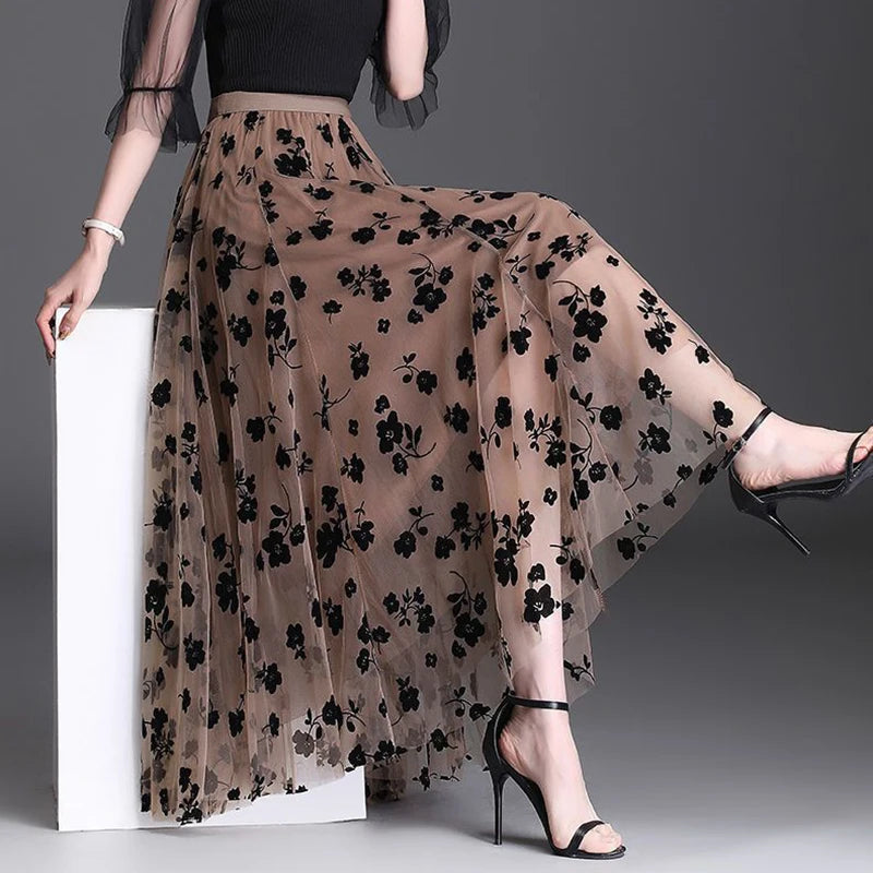 Floral Mesh Midi Skirt - Festigal