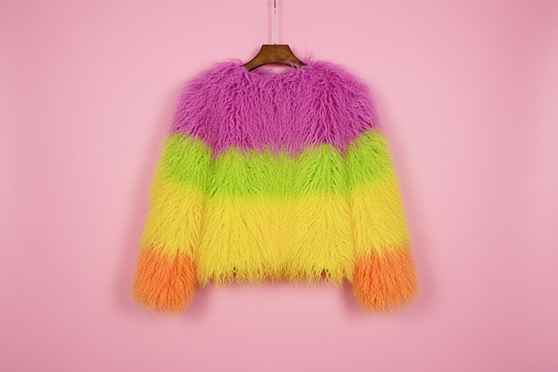 Rainbow Striped Shaggy Faux Fur Coat