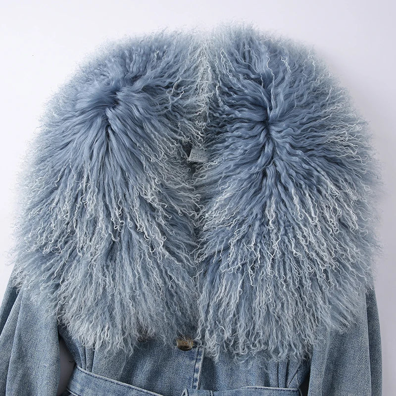 Mongolian Fur Collar Denim Trench Coat - Festigal