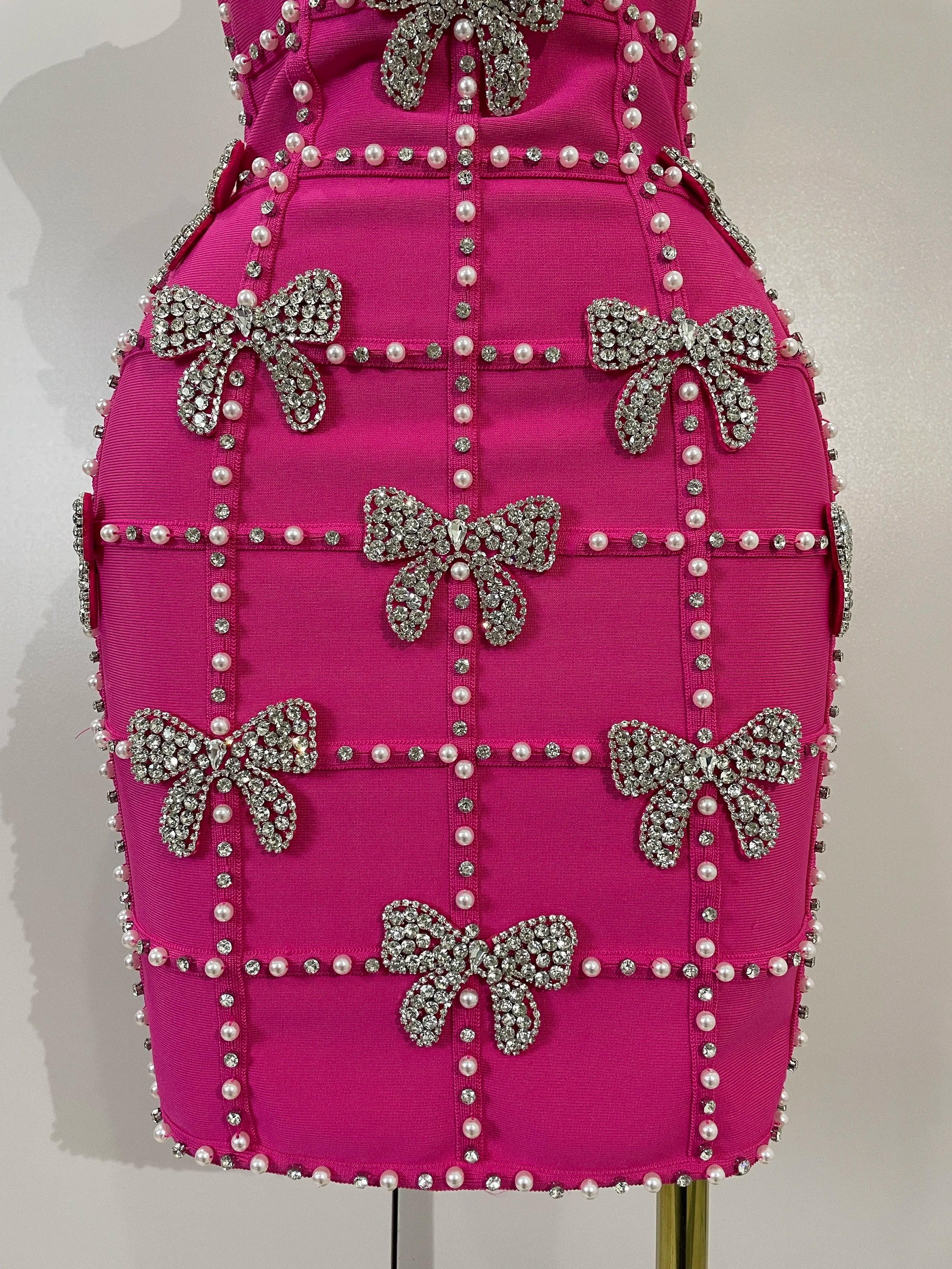 Pink Pearl Bow Bodycon Dress