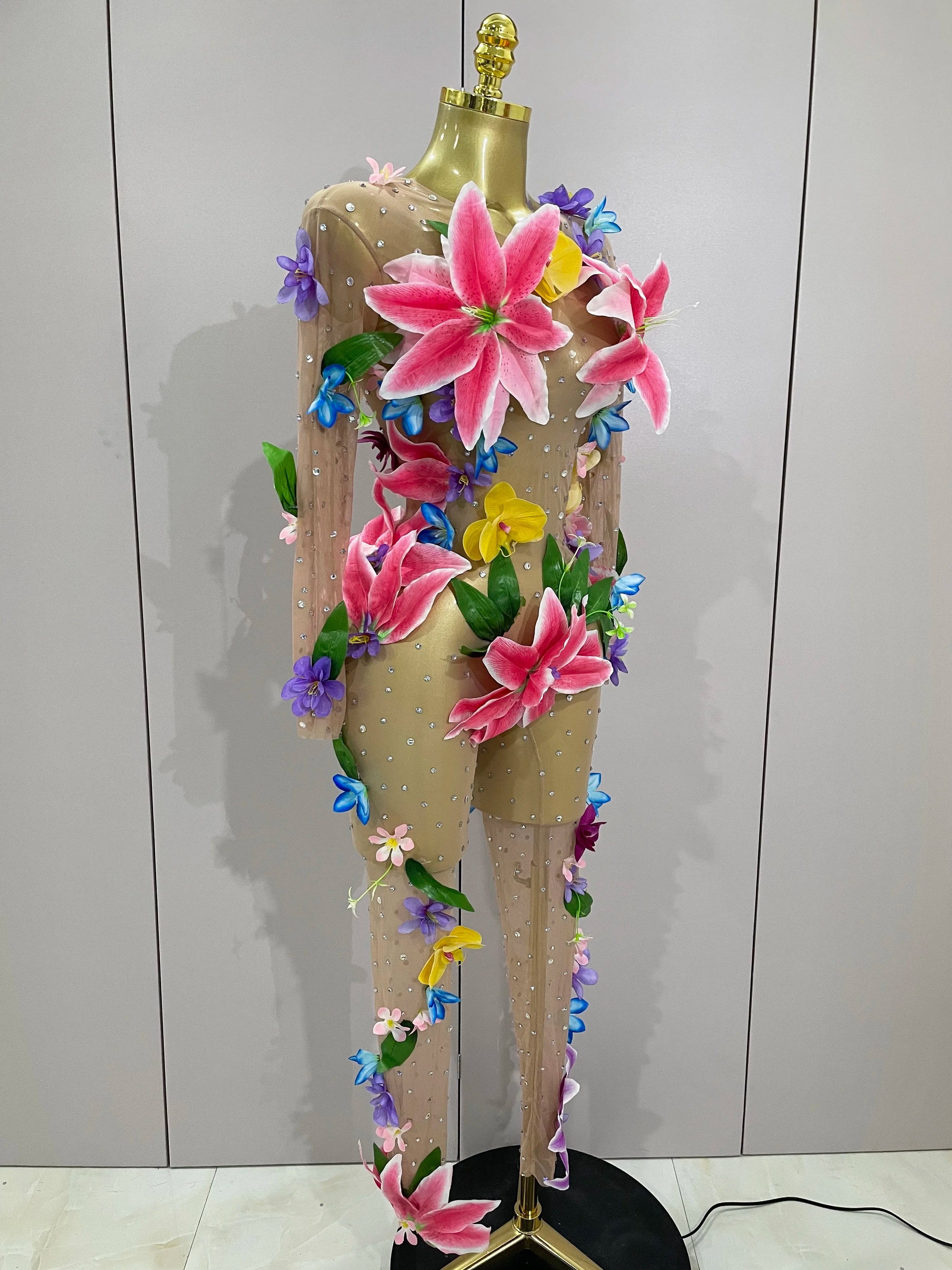 Flower Mesh Rhinestone Jumpsuit