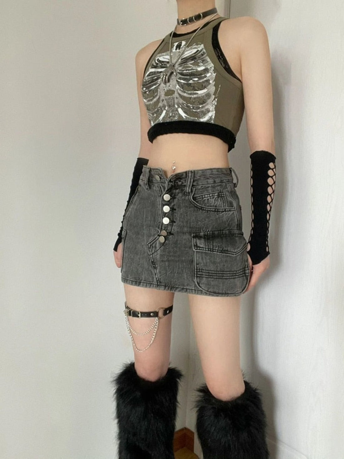 Punk Aesthetic Skeleton Print Sleeveless Vest - Festigal