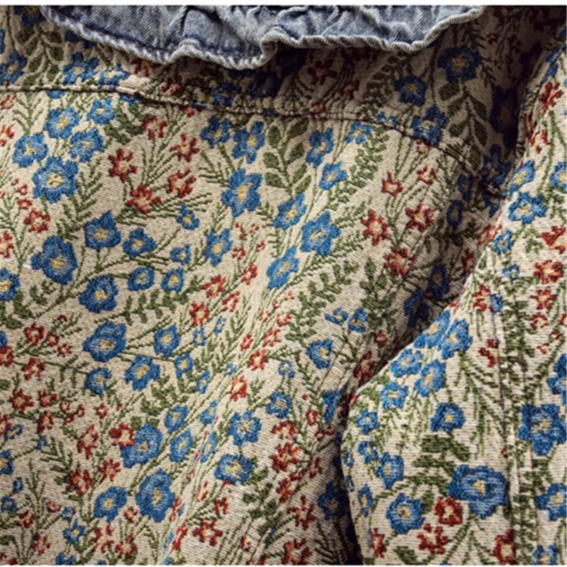 Oversized Collar Floral Denim Jacket - Festigal