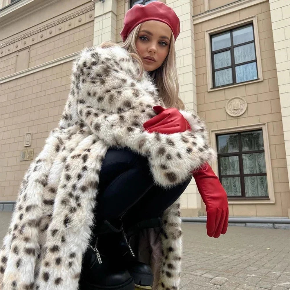 Snow Leopard Style Faux Fur Coat - Festigal