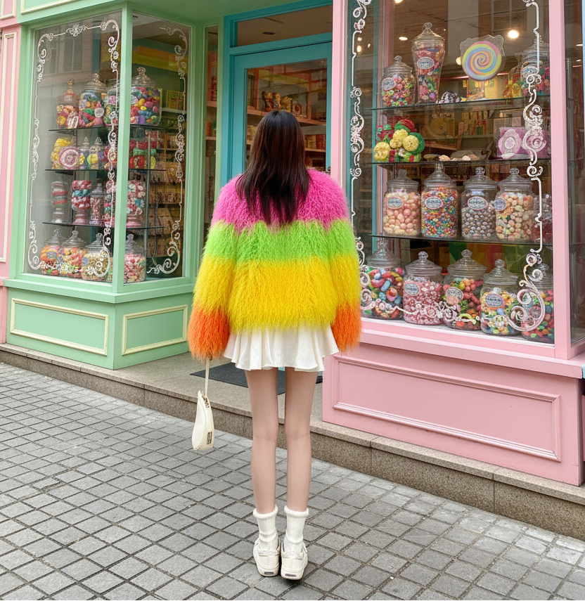 Rainbow Striped Shaggy Faux Fur Coat
