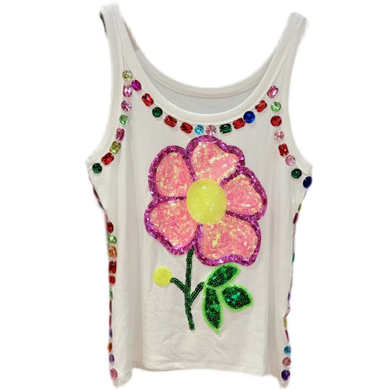 3D Rhinestone Flower Tank Top - Festigal