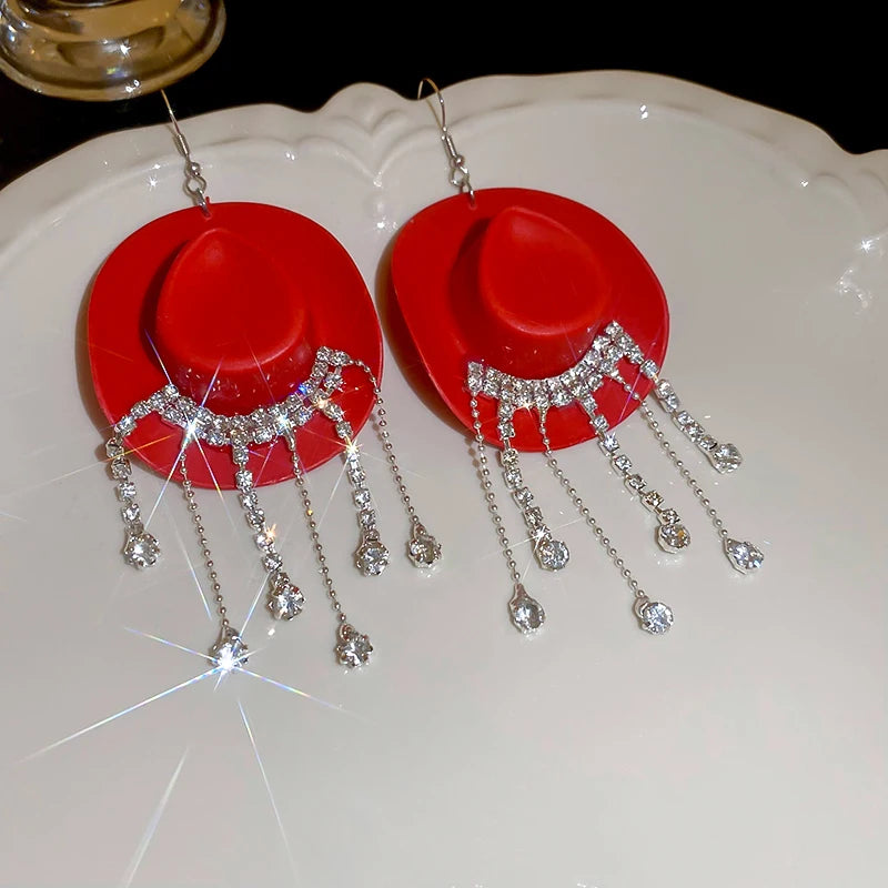 Rhinestone Cowgirl Hat Tassel Earrings
