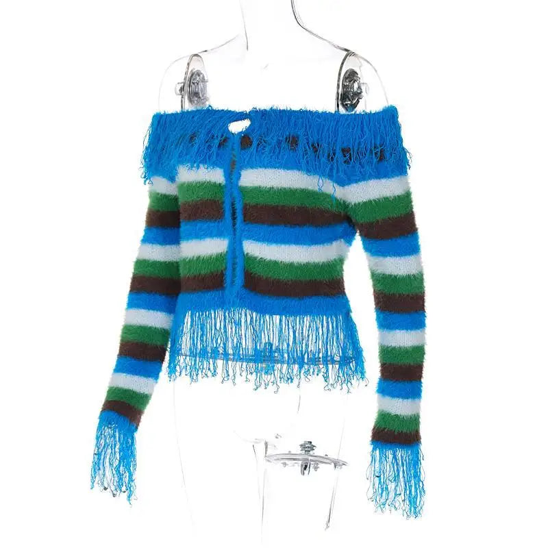 Unusual Slash-Neck Tasselled Cardigan - Festigal