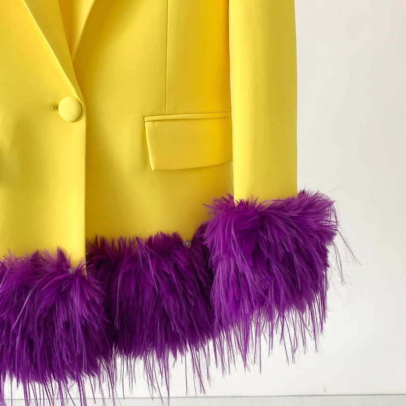 Yellow & Purple Contrast Feather Blazer - Festigal