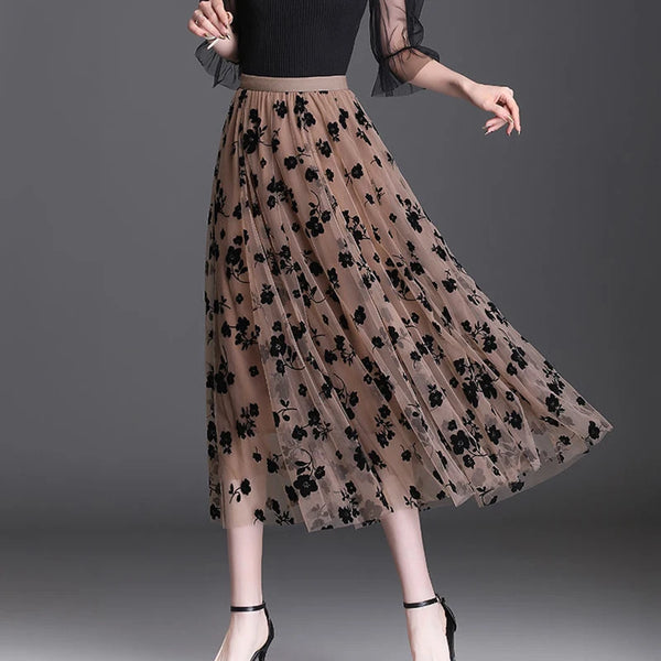 Floral Mesh Midi Skirt - Festigal