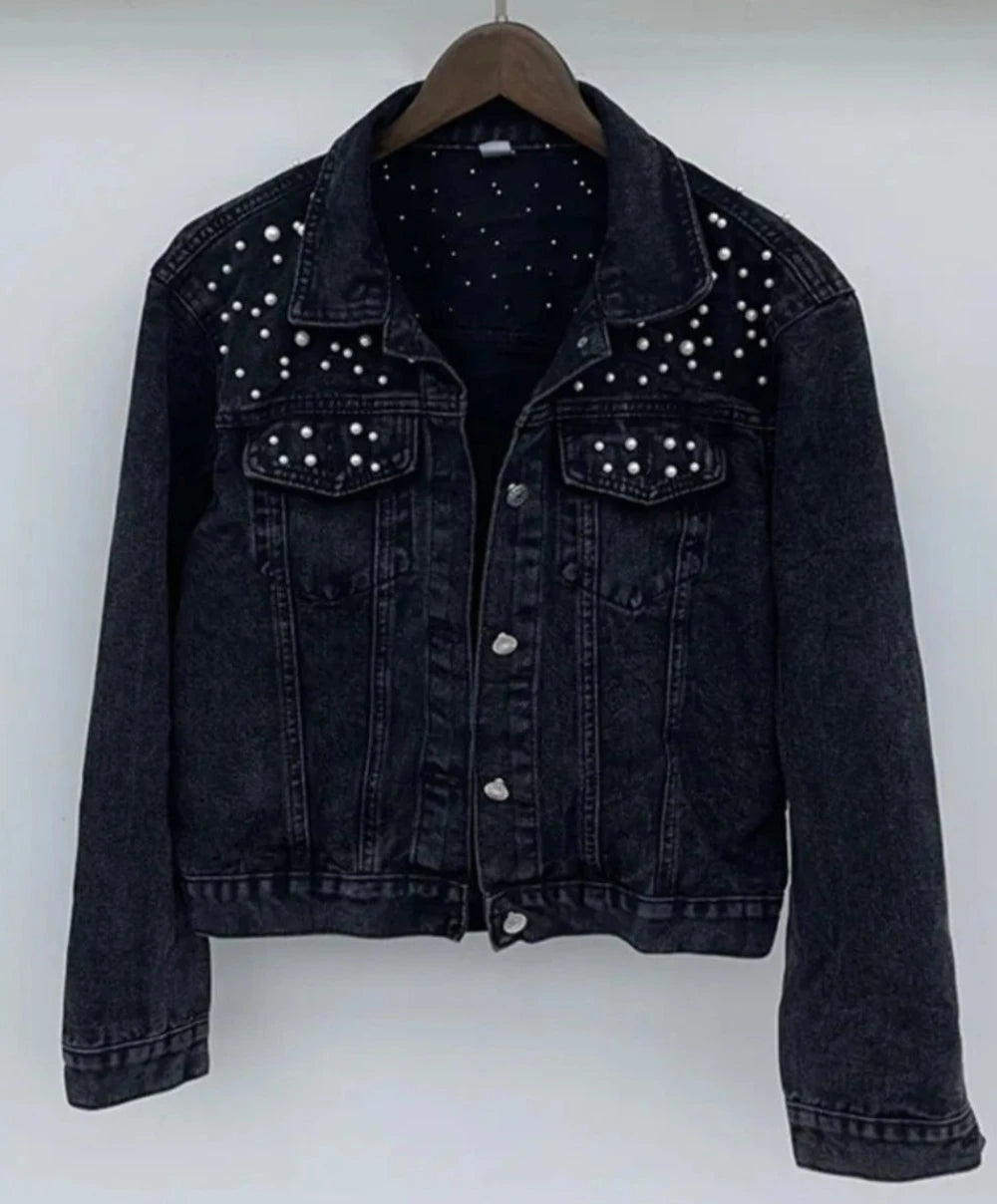 Pearl Embellished Denim Jacket - Festigal