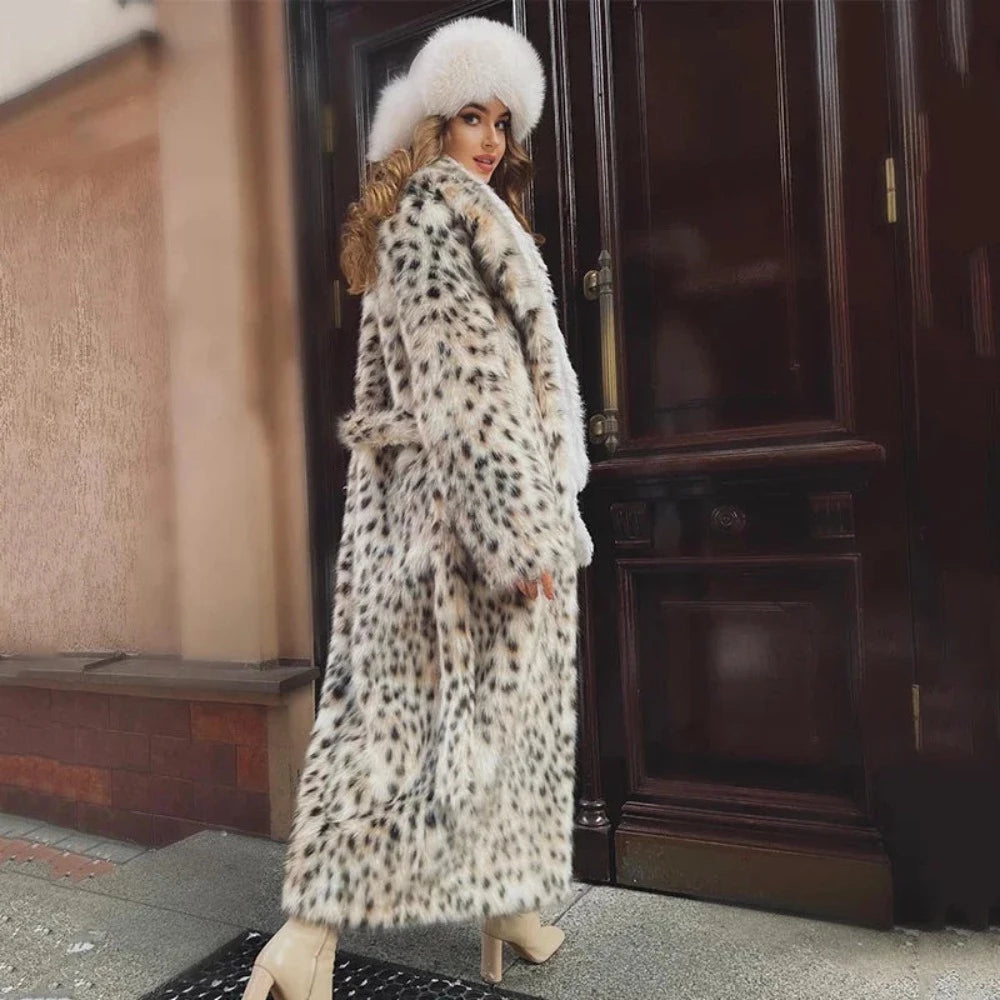 Snow Leopard Style Faux Fur Coat - Festigal