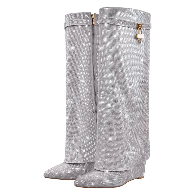 Rhinestone Knee High Wedge Boots