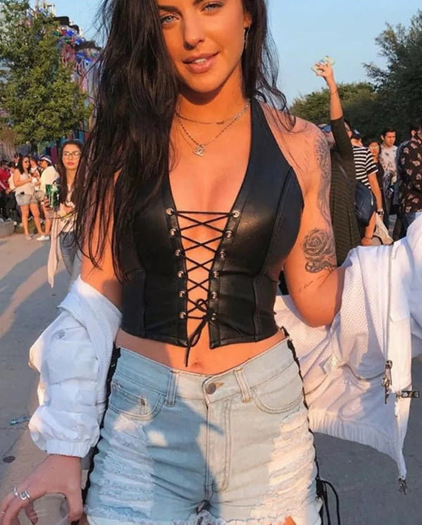 Lace Up Black PU Leather Crop Top - Festigal