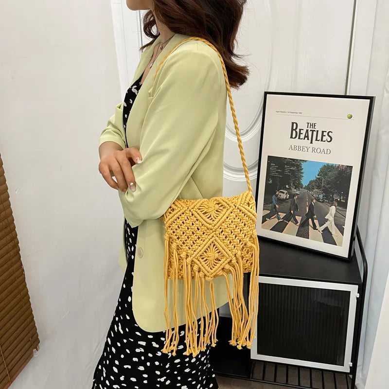 Fringed Woven Crochet Crossbody Bag - Festigal