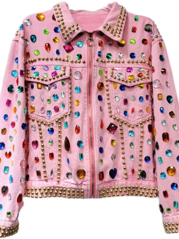 Gem Embellished Pink Denim Jacket - Festigal