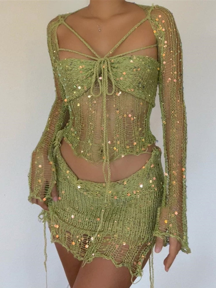 Distressed Knitted Sequin Three Piece Set - Festigal