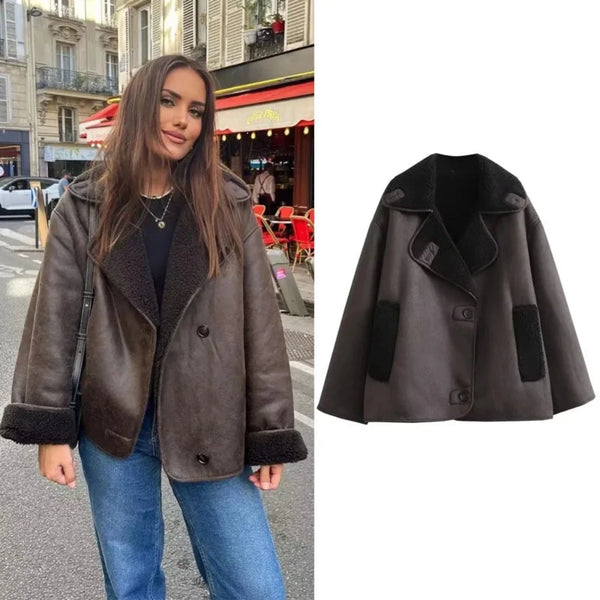 Vintage Effect Brown Faux Lambs Wool Shearling Jacket - Festigal