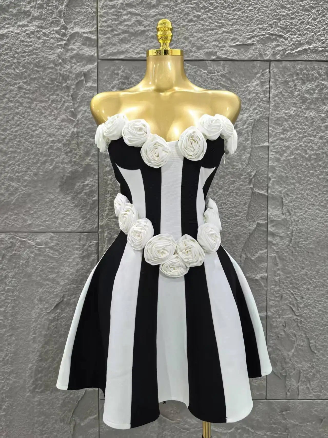 Monochrome 3D Flower A Line Dress
