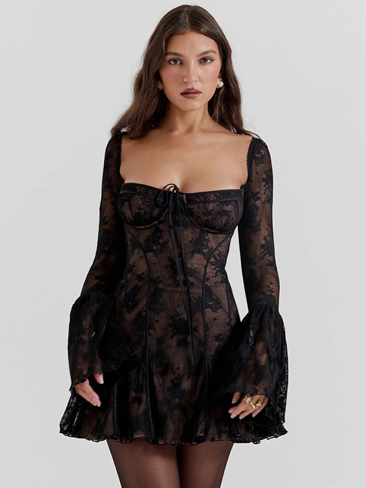 Square Neck Lace Flare Sleeve Mini Dress - Festigal