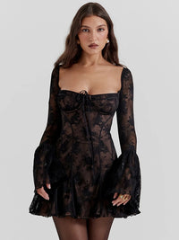 Square Neck Lace Flare Sleeve Mini Dress - Festigal