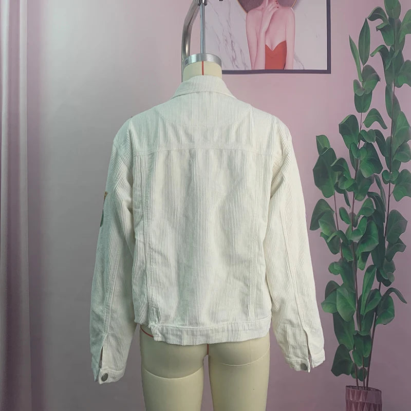 Floral Corduroy Casual Ripped Bomber Shirt -Jacket - Festigal