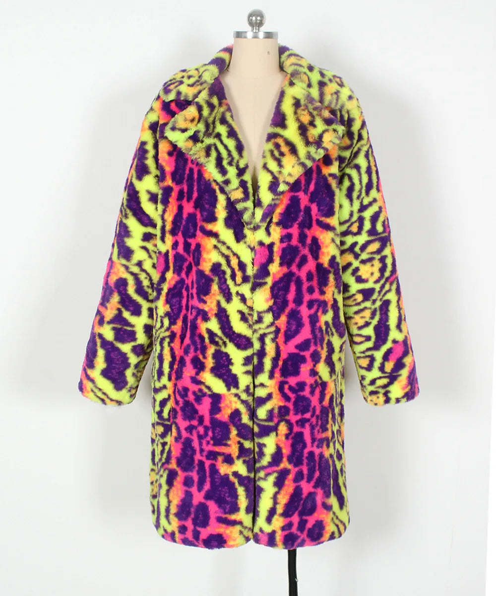 Men's Neon Leopard Print Faux Fur Coat - Festigal