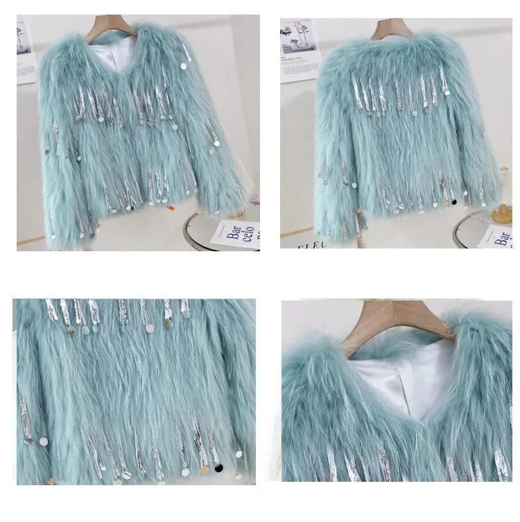 Women's Faux Fur Blue Sequin Tassel Jacket - Festigal