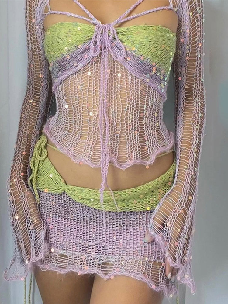Distressed Knitted Sequin Three Piece Set - Festigal