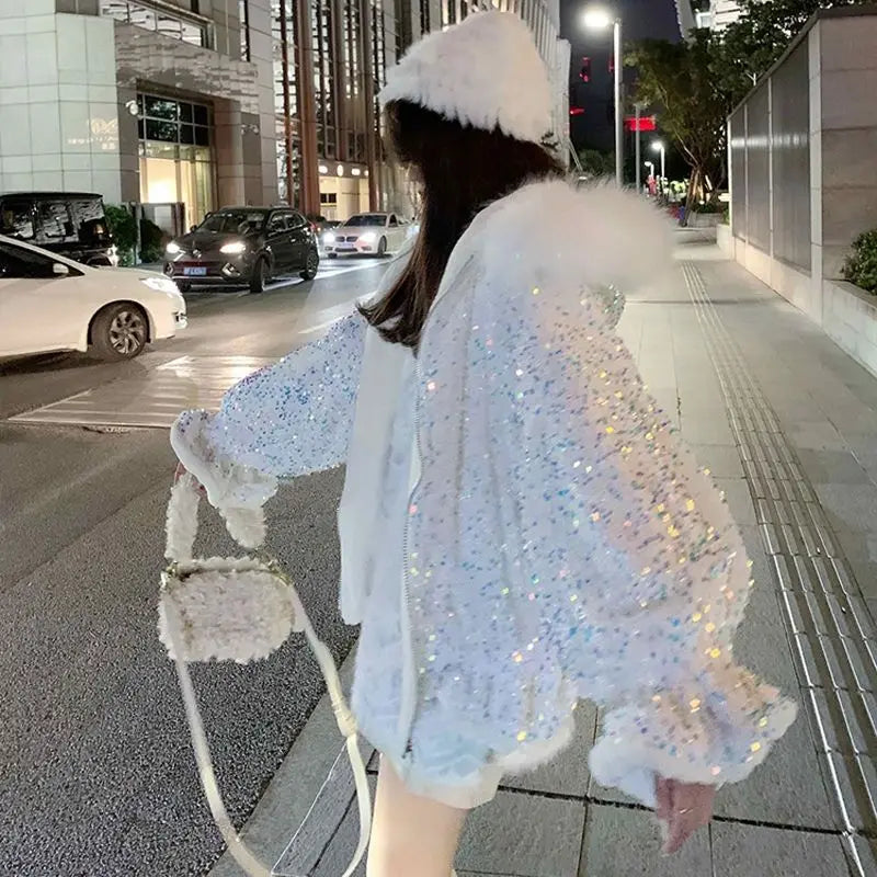 Sequin Ruched Fur Jacket