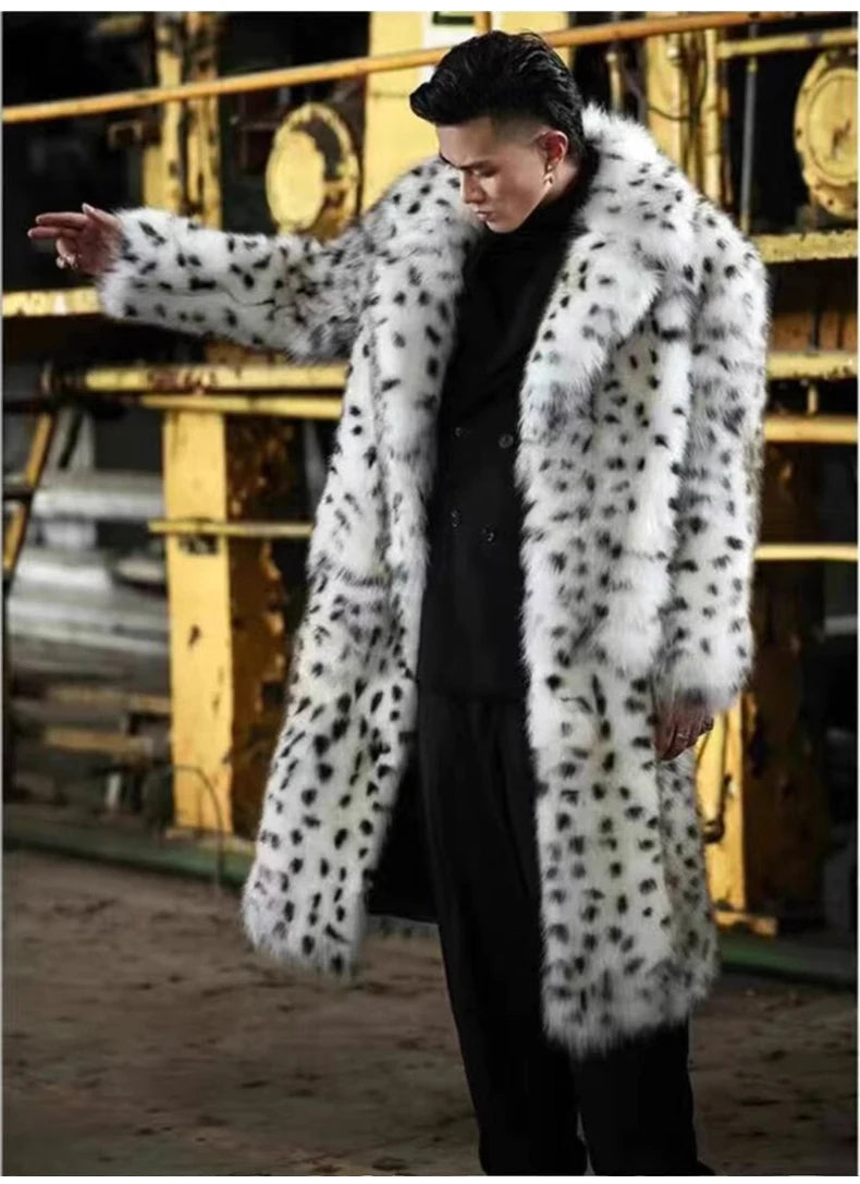 Mens Snow Leopard Faux Fur Coat