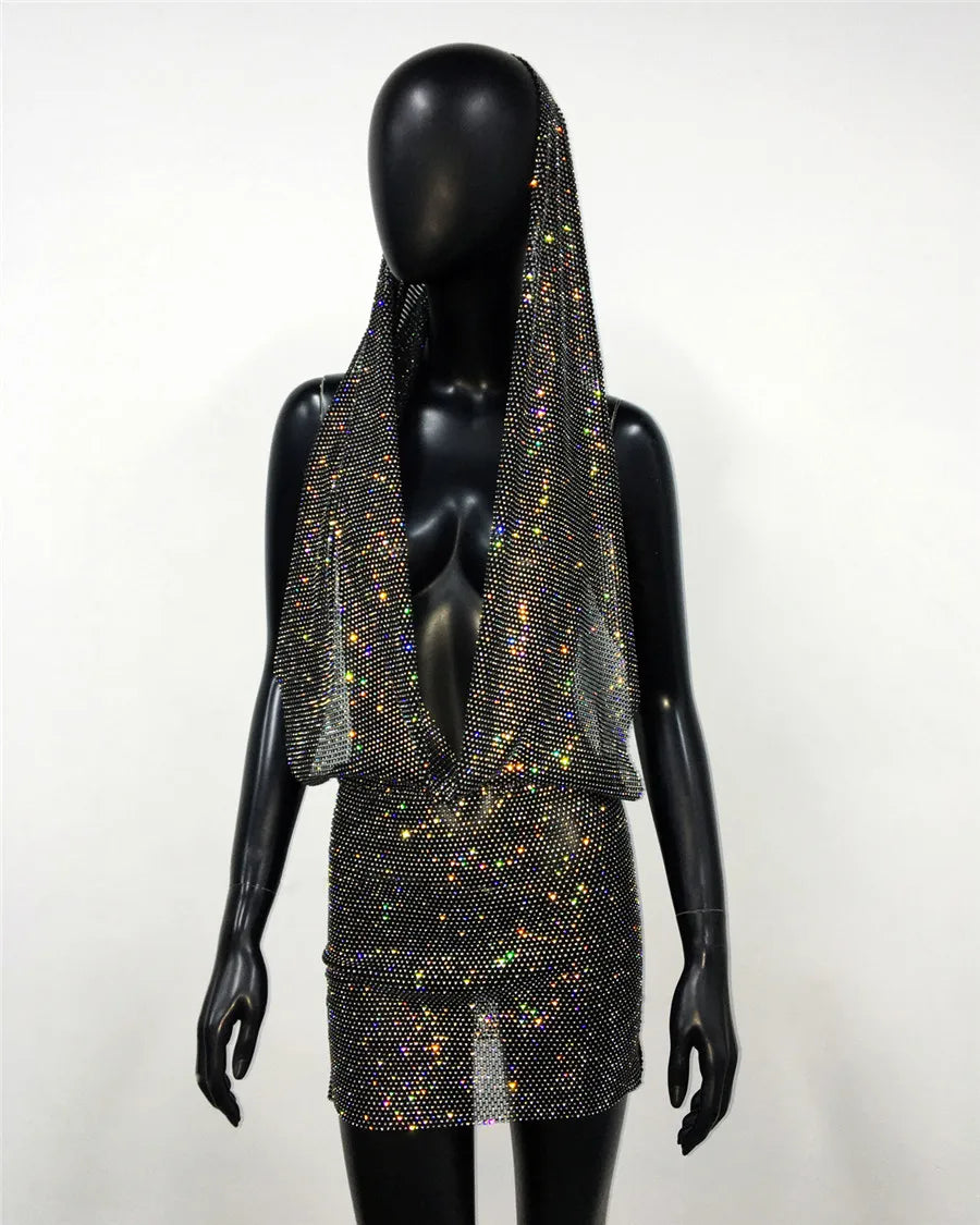 Rhinestone Mesh Hooded Dress - Festigal