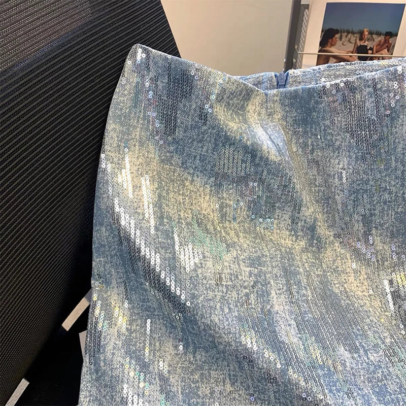 Blue Sequin High Waist Skirt - Festigal