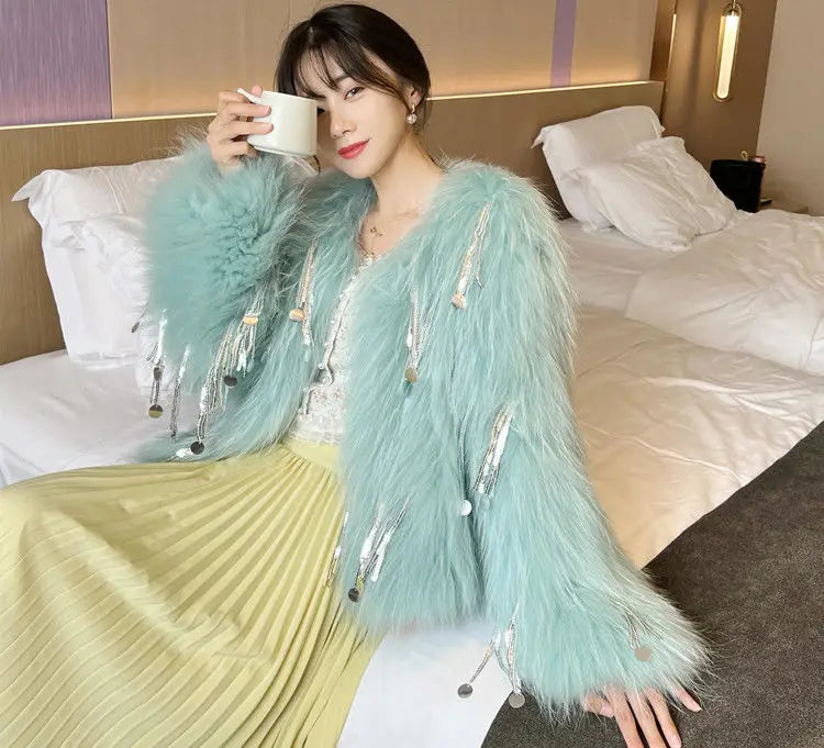 Women's Faux Fur Blue Sequin Tassel Jacket - Festigal