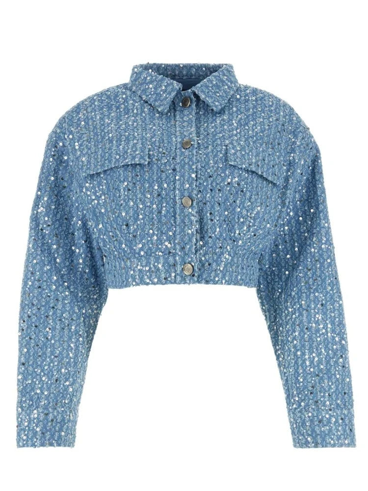 Sequin Denim Jacket and Shorts Two-Piece Set - Festigal