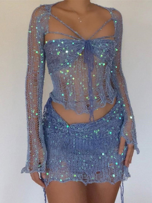 Distressed Knitted Sequin Three Piece Set - Festigal