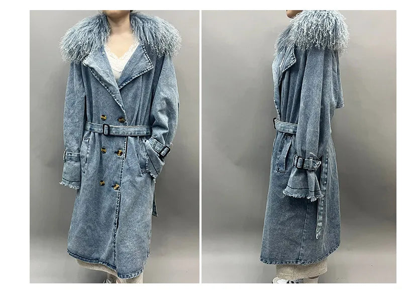 Mongolian Fur Collar Denim Trench Coat - Festigal