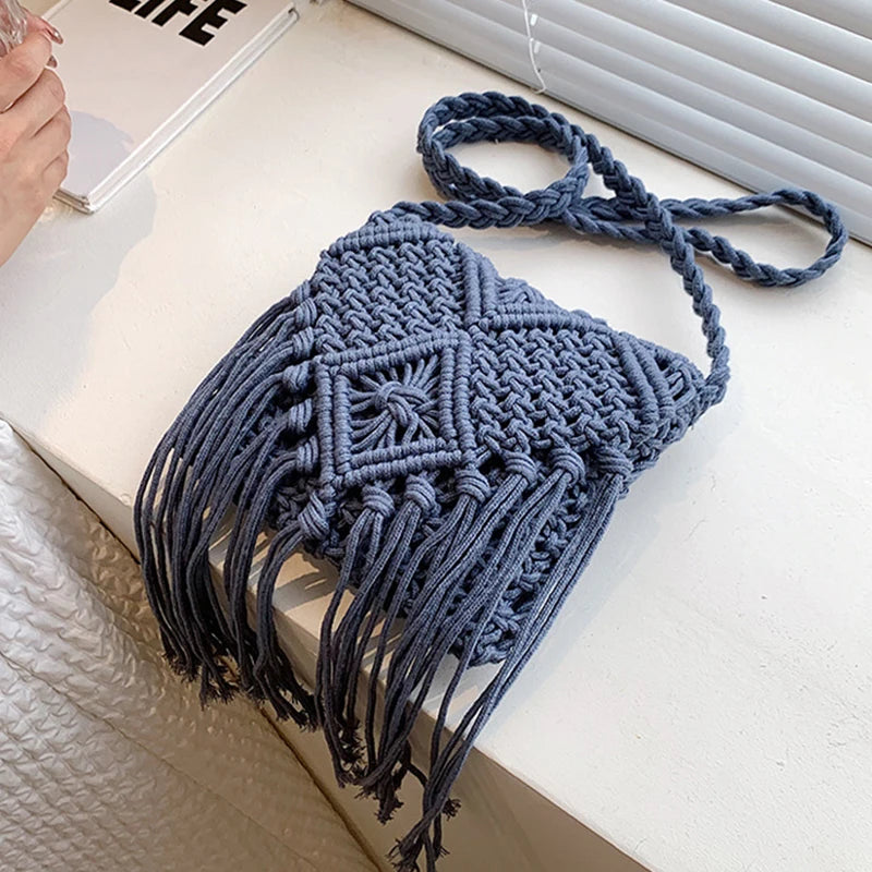 Fringed Woven Crochet Crossbody Bag - Festigal
